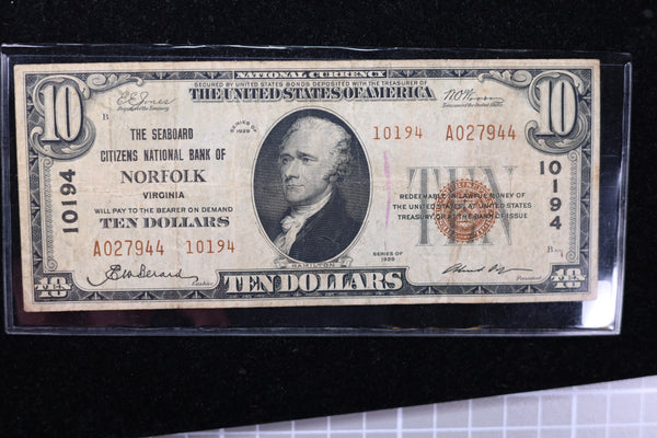 1929 $10 National Currency, 10194 "Norfolk". Choice Paper. Great Collectible. Store#23091306