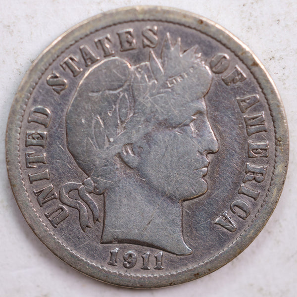 1911-D Barber Silver Dime, Very Good Circulated Coin, Store #DE0425