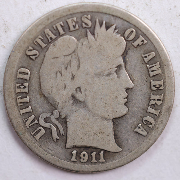 1911-S Barber Silver Dime, Good Circulated Coin, Store #DE0424