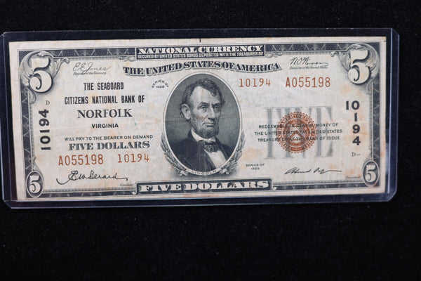 1929 $5 National Currency, 10194 "Norfolk". Choice Paper. Great Collectible. Store#23091307