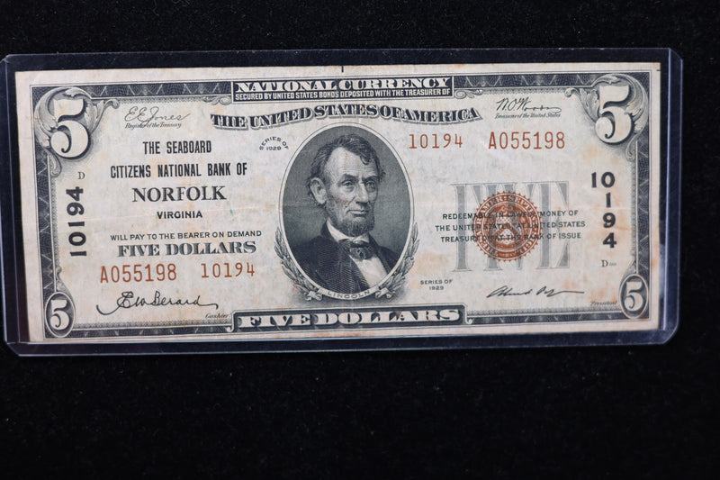 1929 $5 National Currency, 10194 "Norfolk". Choice Paper. Great Collectible. Store