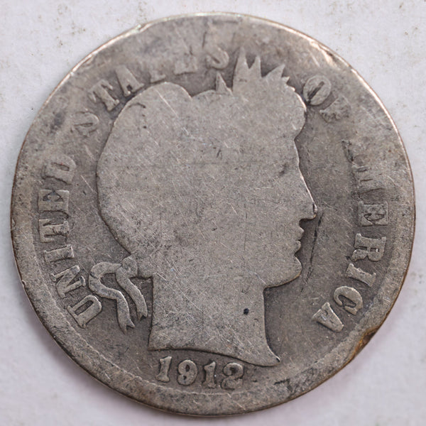 1912 Barber Silver Dime, Abt Good Circulated Coin, Store #DE0421