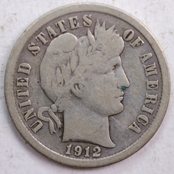 1912 Barber Silver Dime, Good Circulated Coin, Store #DE0419