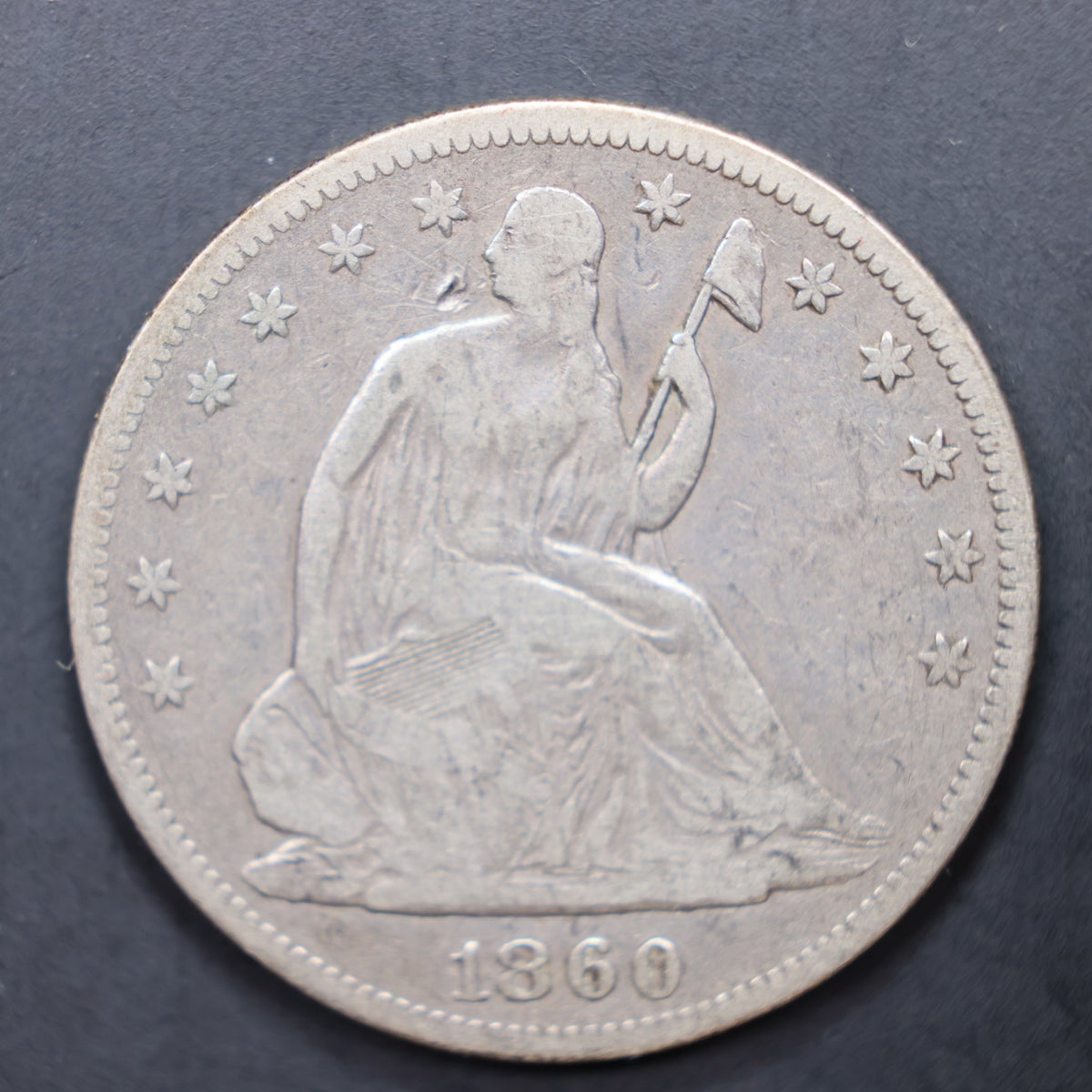 1860 Seated Liberty Silver Half Dollar, Fine Circulated Coin, Store #HR2066.