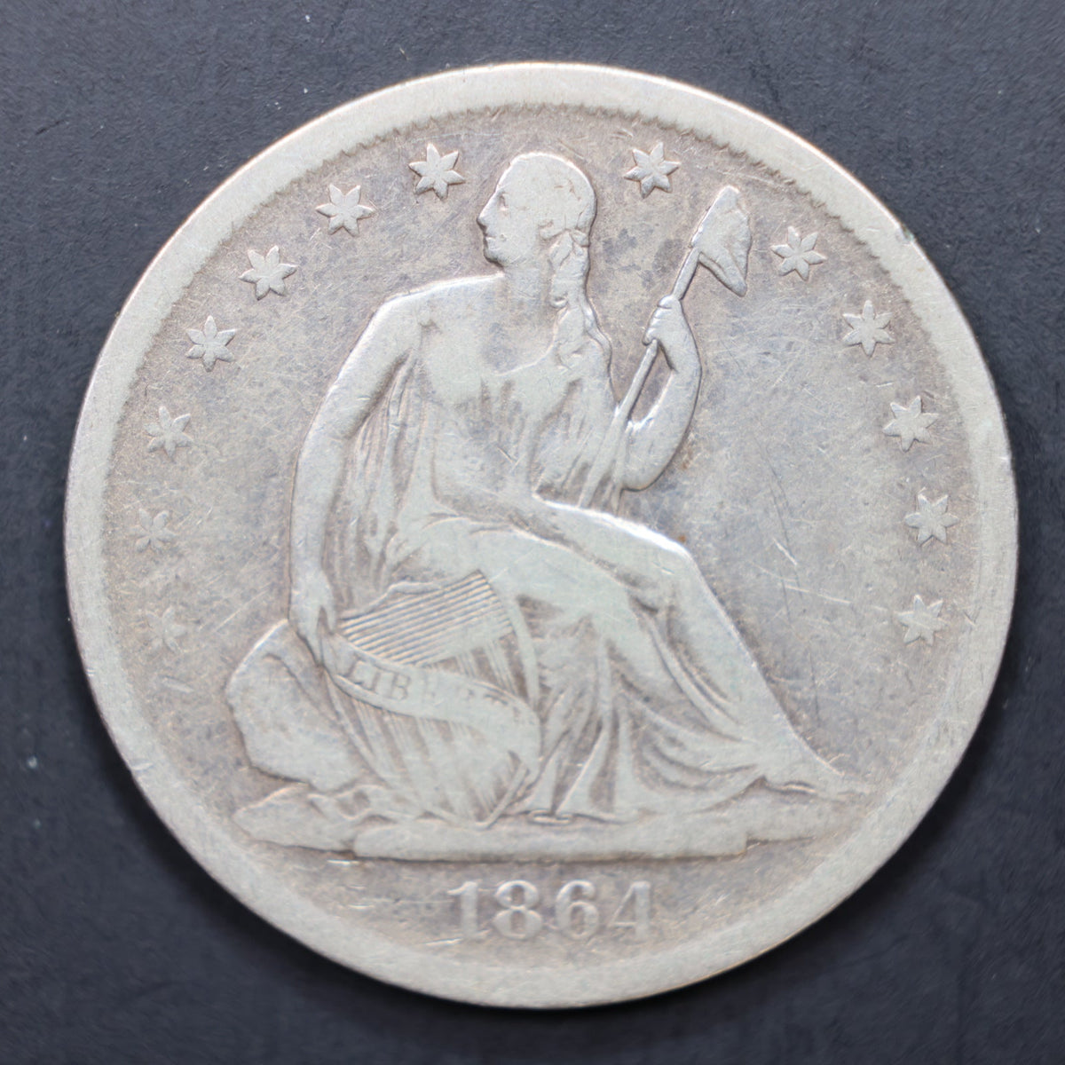 1864-S Seated Liberty Silver Half Dollar, Fine Circulated Coin, Store #HR2068.