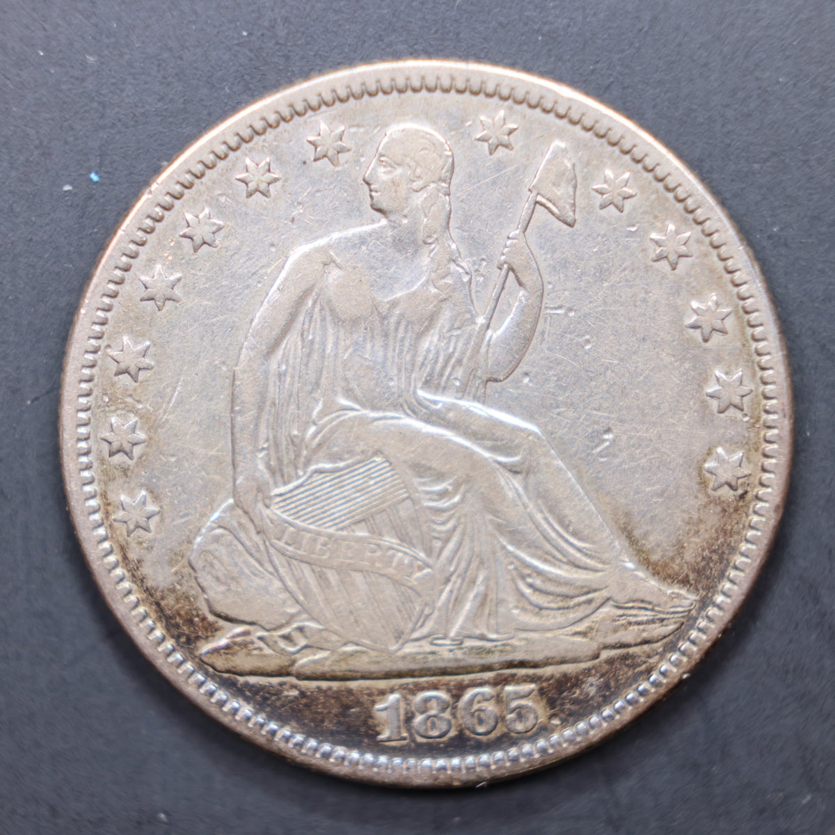 1865 Seated Liberty Silver Half Dollar, Extra Fine Circulated Coin, Store #HR2070.