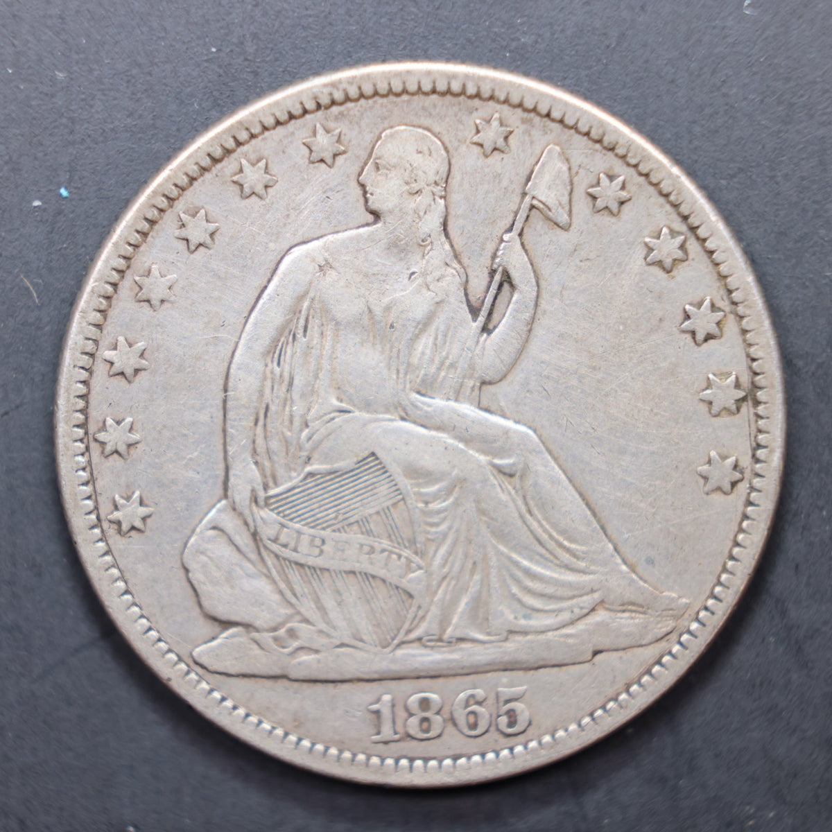 1865 Seated Liberty Silver Half Dollar, Extra Fine + Circulated Coin, Store #HR2071.