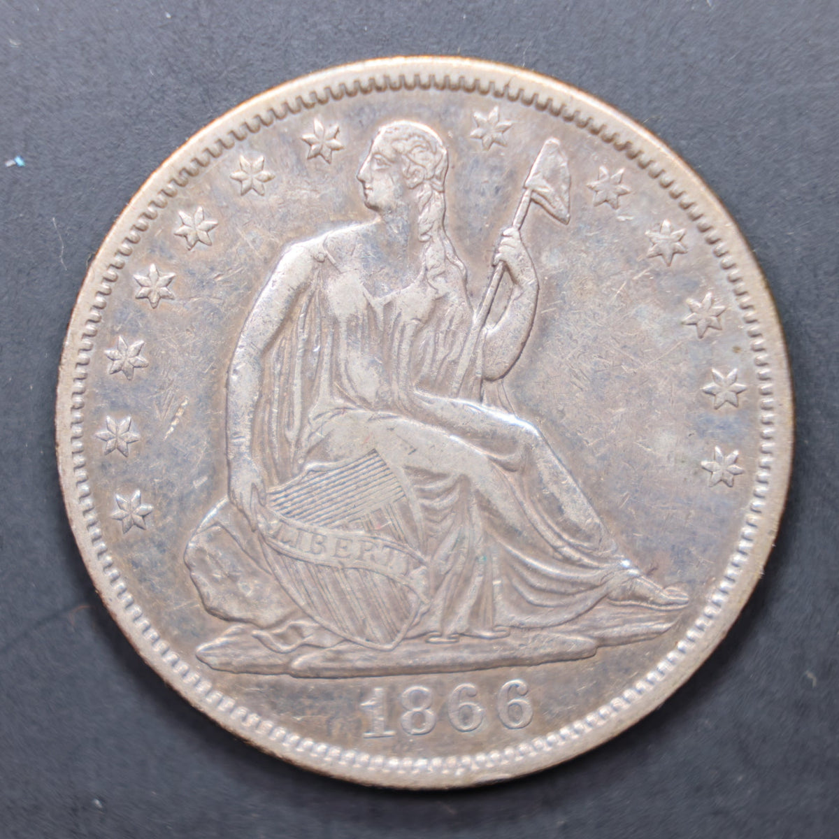 1866 Seated Liberty Silver Half Dollar, Extra Fine + Circulated Coin, Store #HR2072.