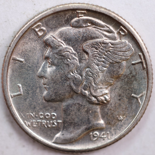 1941-D Mercury Silver Dime, Mint State Uncirculated Coin, Store #DE0409