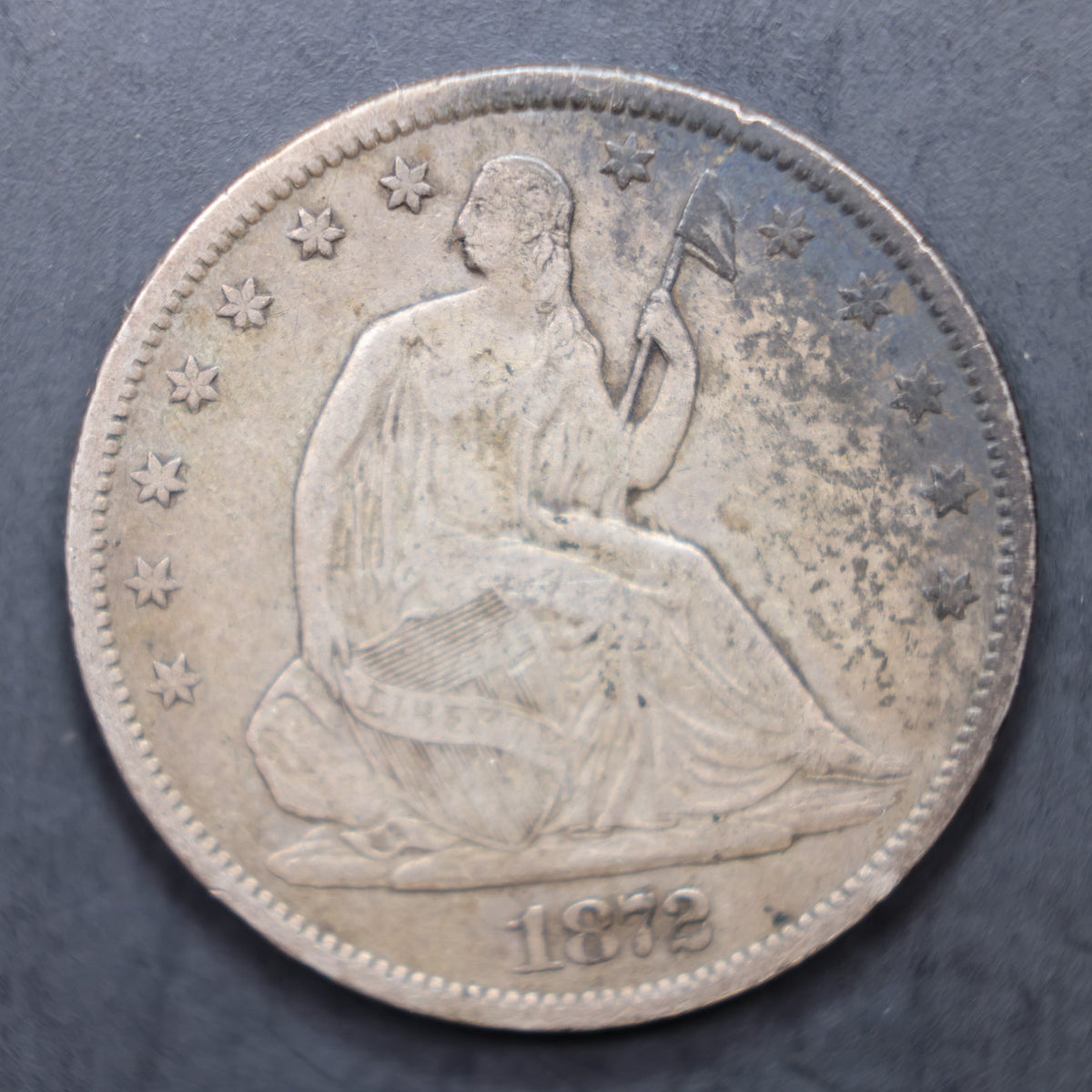 1872-S Seated Liberty Silver Half Dollar, Very Fine Circulated Coin, Store #HR2079.