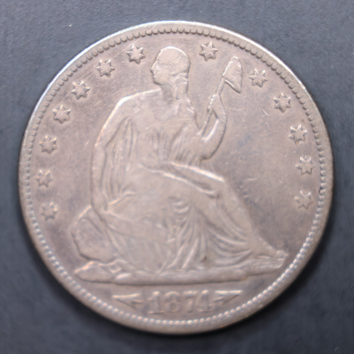 1874-CC Seated Liberty Silver Half Dollar, Very Fine Circulated Coin, Store #HR2082.
