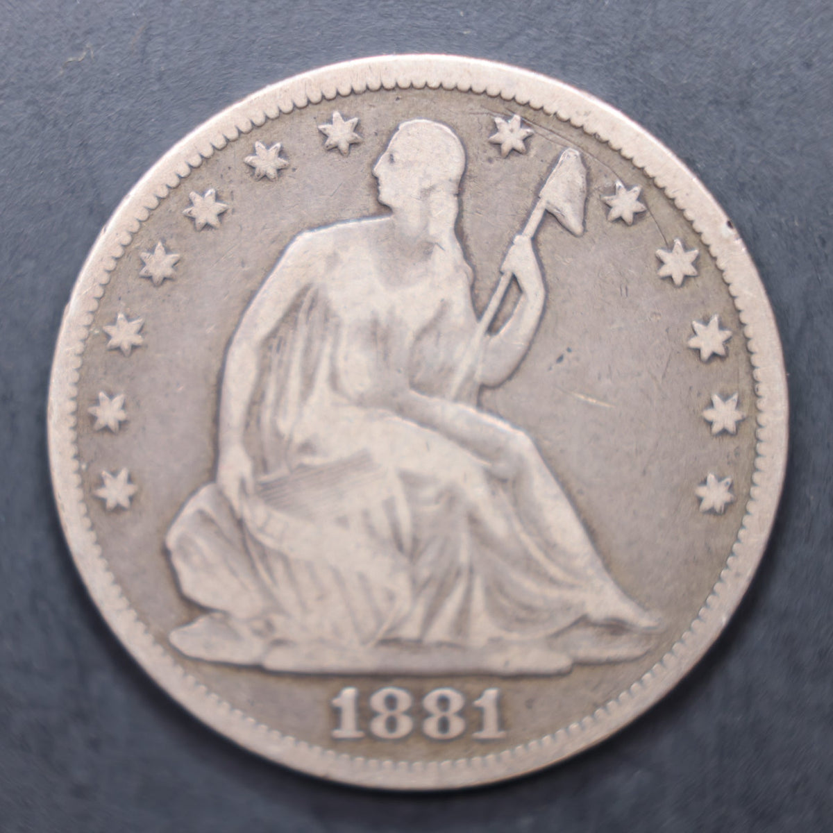 1881 Seated Liberty Silver Half Dollar, Very Good Circulated Coin, Store #HR2089.