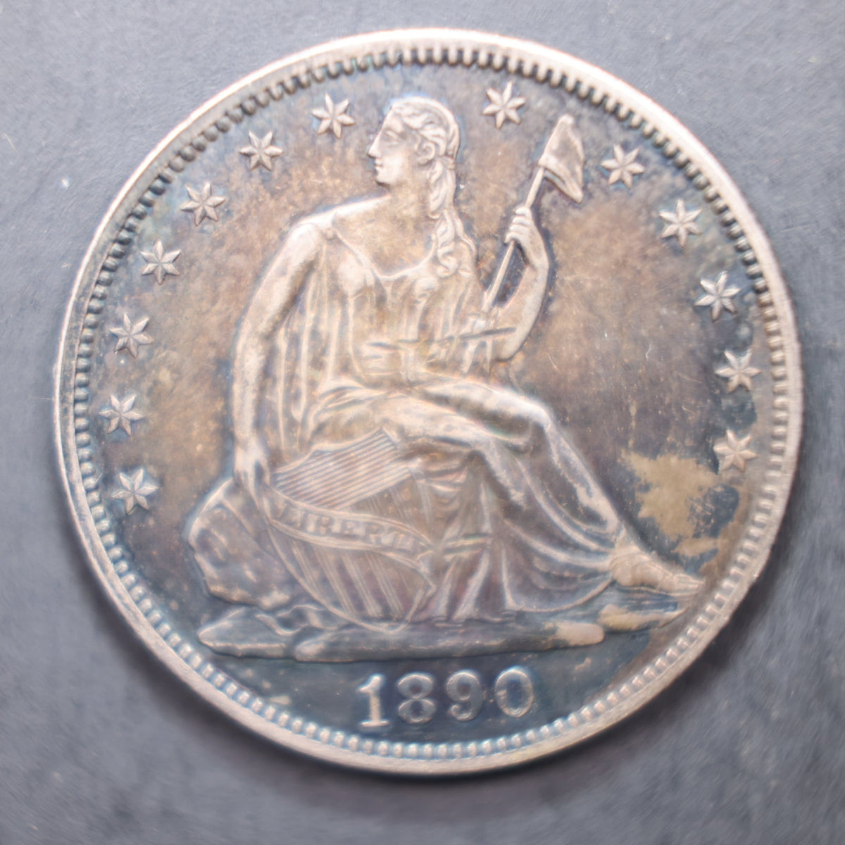 1890 Seated Liberty Silver Half Dollar, Mint State Uncirculated Toned Coin, Store #HR2125