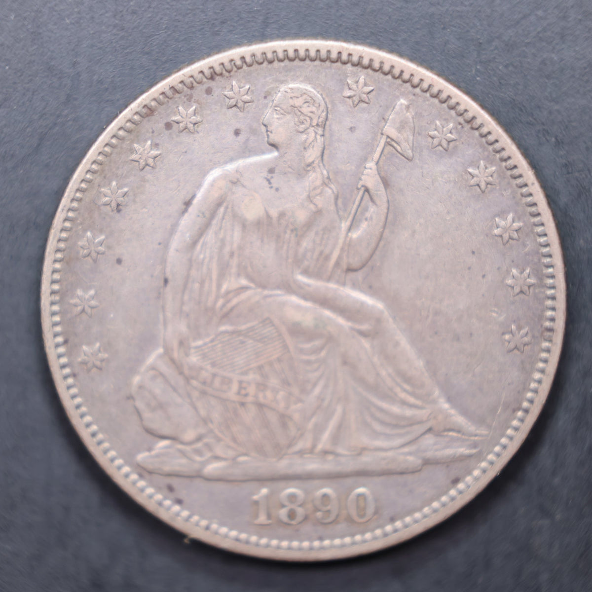 1890 Seated Liberty Silver Half Dollar, About Uncirculated Coin, Store #HR2126.