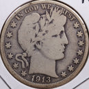 1913 Barber Half Dollar, Good+ Circulated Coin, Store