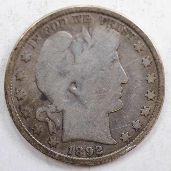 1892 Barber Silver Half Dollar, Good+, Circulated Coin, Store #HR0763