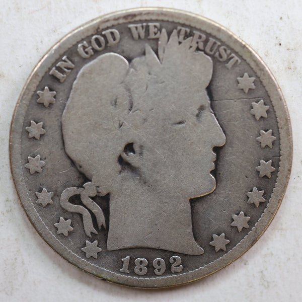 1892 Barber Silver Half Dollar, Good, Circulated Coin, Store #HR0764
