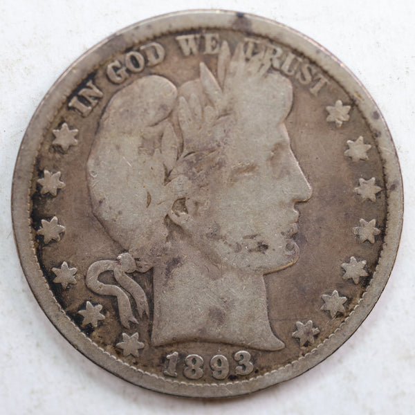 1893 Barber Silver Half Dollar, Good+ Circulated Coin, Store #HR0765