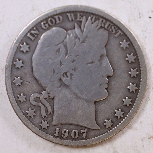 1907 Barber Silver Half Dollar, Very Good Circulated Coin, Store #HR0807