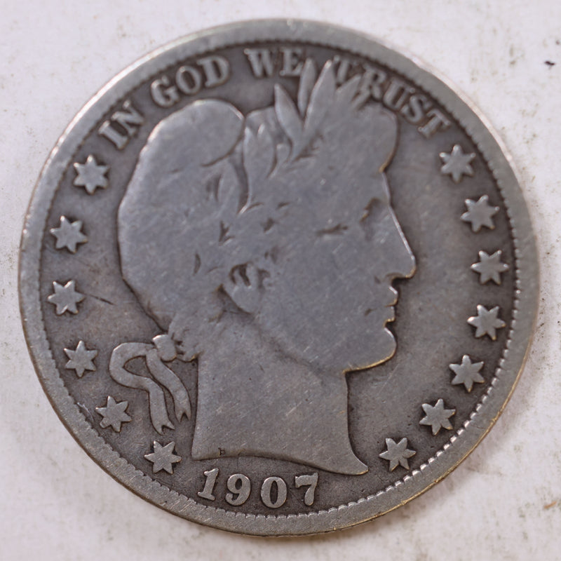 1907 Barber Silver Half Dollar, Very Good Circulated Coin, Store
