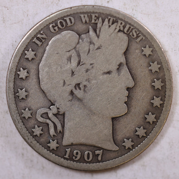1907-D Barber Silver Half Dollar, Good+ Circulated Coin, Store #HR0808