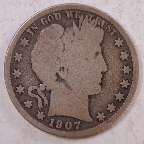1907-S Barber Silver Half Dollar, Good+ Circulated Coin, Store #HR0810