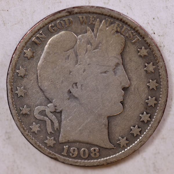 1908 Barber Silver Half Dollar, Very Good Circulated Coin, Store #HR0811