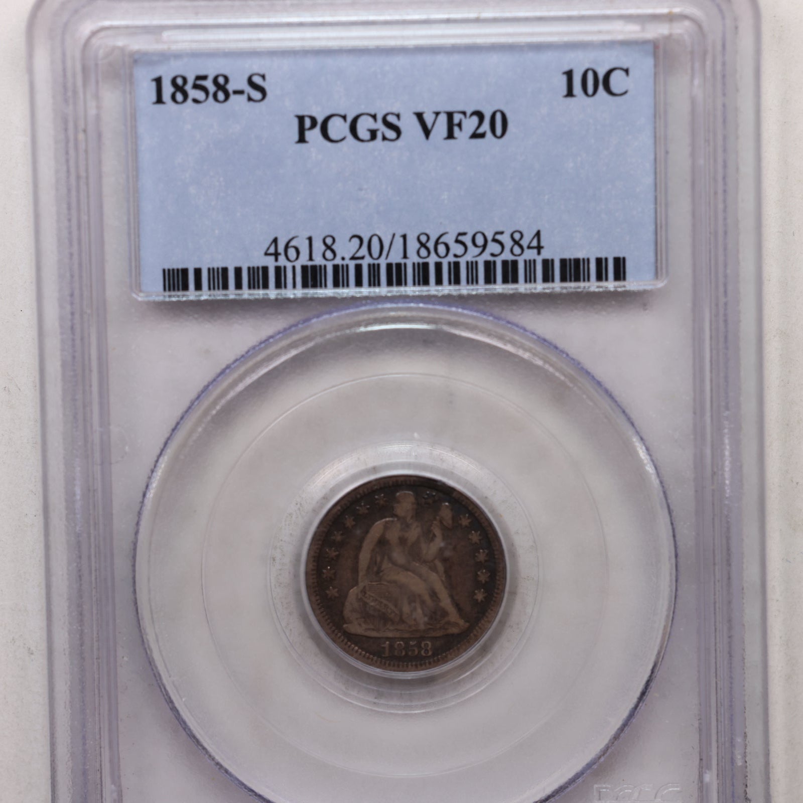 1858-S Seated Liberty Silver Dime, PCGS VF-20, Store Sale #GDE025.