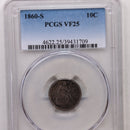 1860-S Seated Liberty Silver Dime, PCGS VF-25, Store Sale