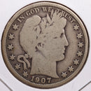 1907 Barber Half Dollar, Very Good Circulated Coin, Store