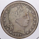 1907 Barber Half Dollar, Very Good+ Circulated Coin, Store
