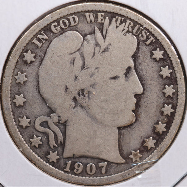 1907-D Barber Half Dollar, Good+ Circulated Coin, Store #HR0630