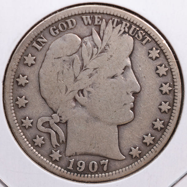 1907-D Barber Half Dollar, Very Good+ Circulated Coin, Store #HR0629