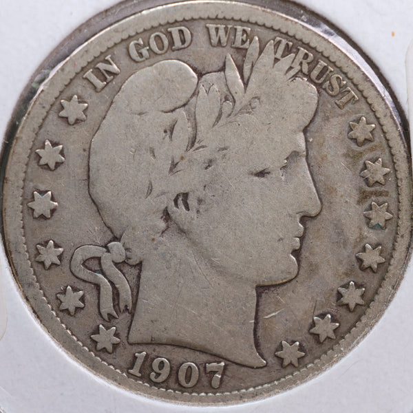 1907-D Barber Half Dollar, Very Good Circulated Coin, Store #HR0628