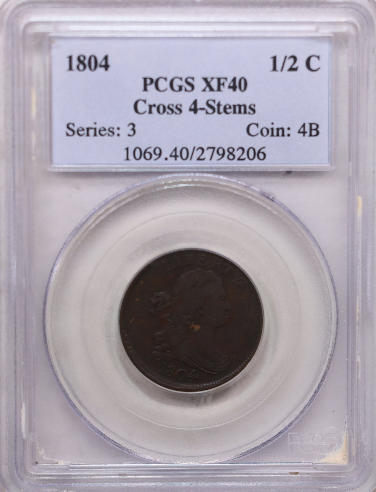 1804 Half Cent, Cross-4, With Stems, PCGS XF-40, Store Sale #HT0010