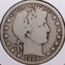1909 Barber Half Dollar, Good Circulated Coin, Store