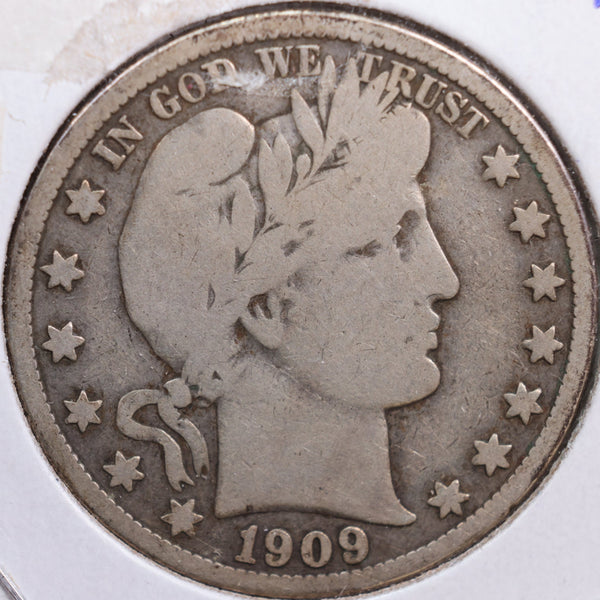1909 Barber Half Dollar, Very Good Circulated Coin, Store #HR0601