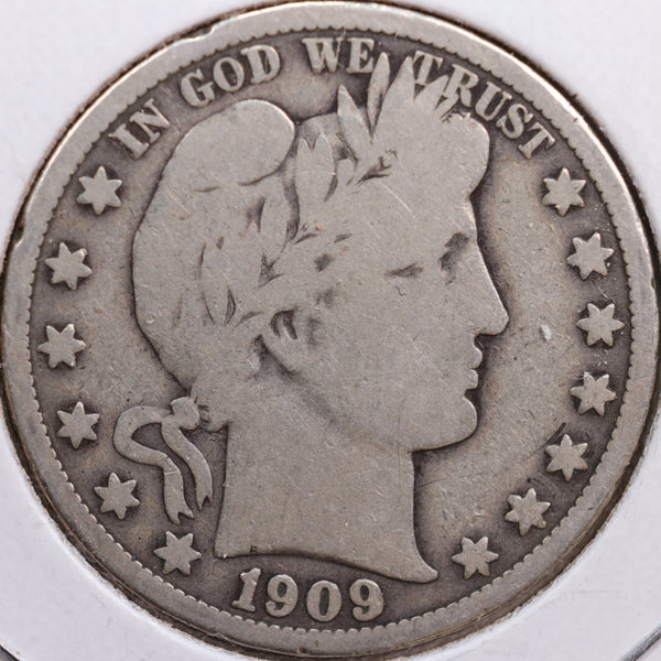 1909 Barber Half Dollar, Good+ Circulated Coin, Store #HR0598
