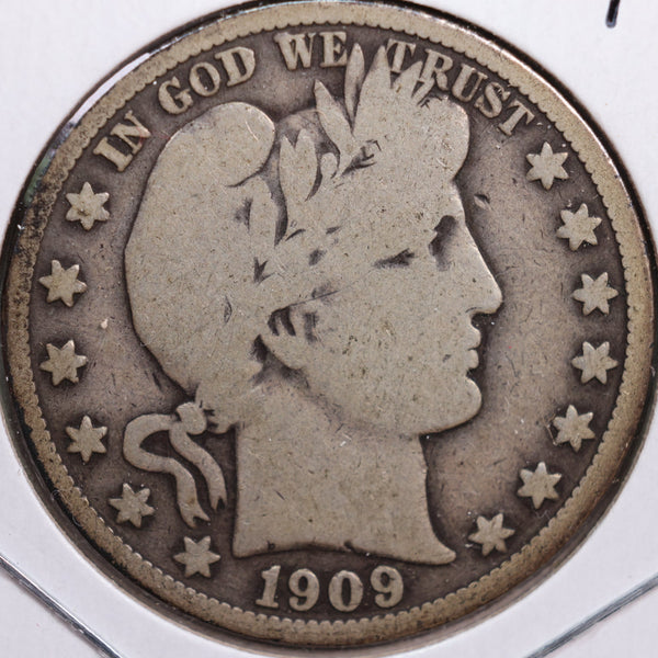 1909 Barber Half Dollar, Very Good Circulated Coin, Store #HR0596