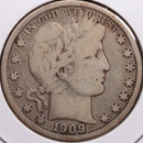 1909-O Barber Half Dollar, Very Good+ Circulated Coin, Store