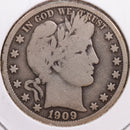 1909-S Barber Half Dollar, Very Good+ Circulated Coin, Store