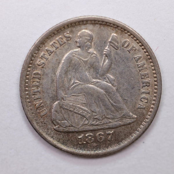 1867-S Seated Liberty Half Dime, About Uncirculated better date, STORE #HE0012.