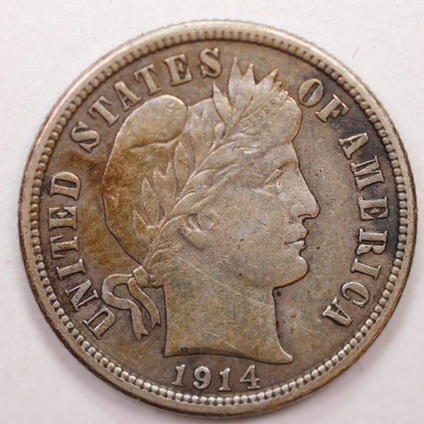 1914 Barber Silver Dime, Extra Fine Circulated Coin, Store Sale #DE653.