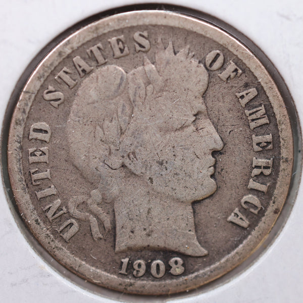 1908-S Barber Silver Dime, Very Good Circulated Coin, Store Sale #DE654.