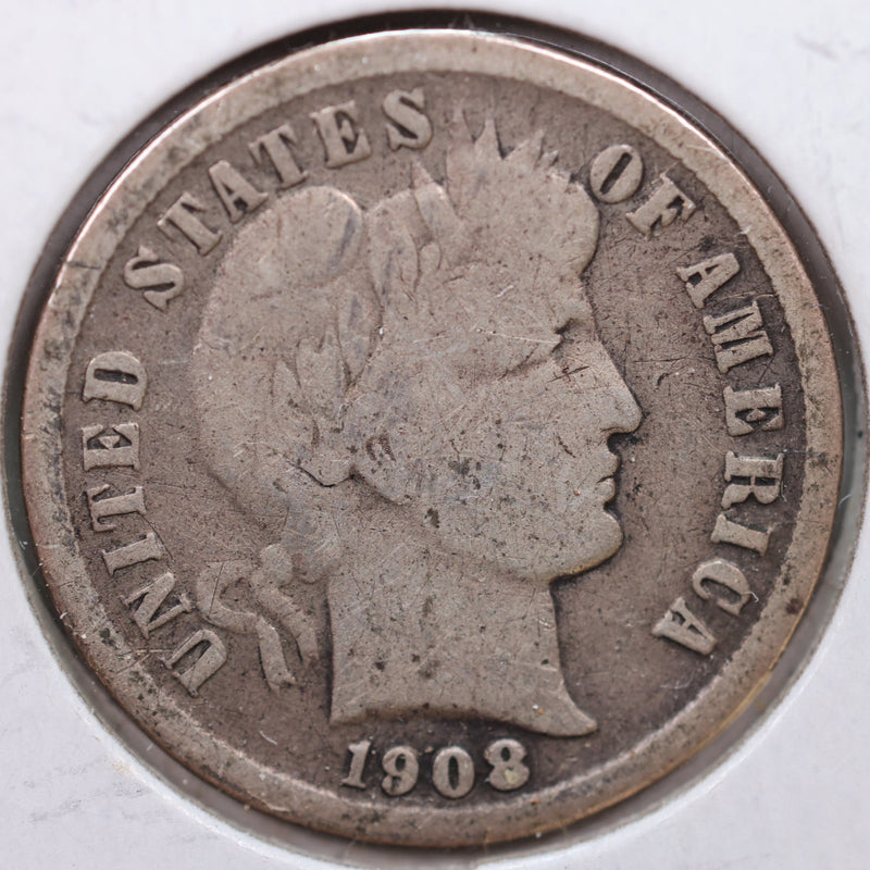 1908-S Barber Silver Dime, Very Good Circulated Coin, Store Sale