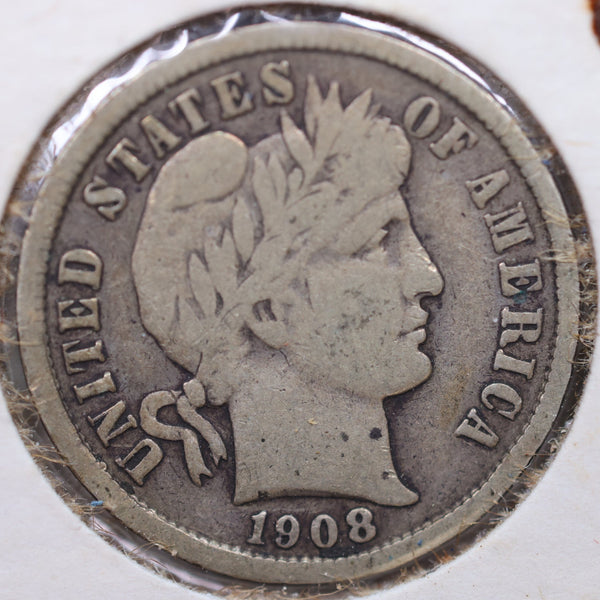1908-D Barber Silver Dime, Very Good + Circulated Coin, Store Sale #DE655.