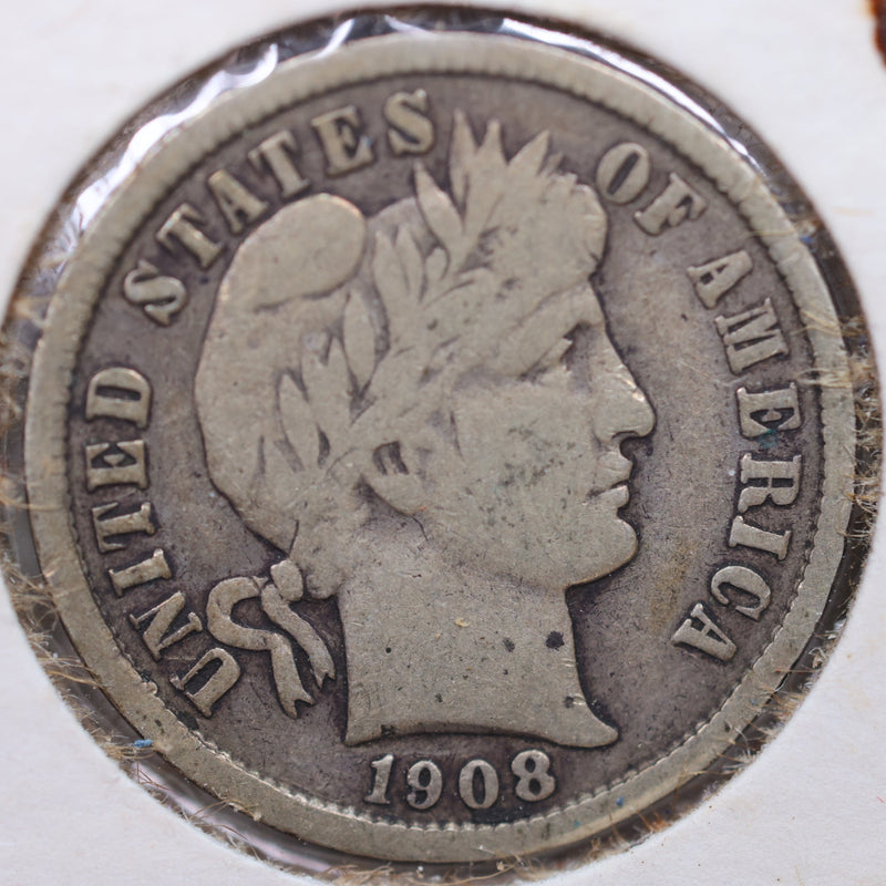 1908-D Barber Silver Dime, Very Good + Circulated Coin, Store Sale