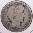 1911-S Barber Half Dollar, Very Good Circulated Coin, Store