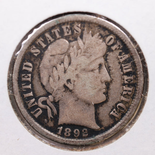1892 Barber Silver Dime, Fine, Circulated Coin, Store Sale #DE662.