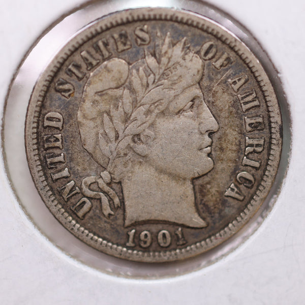 1901 Barber Silver Dime, Very Fine Plus, Circulated Coin, Store Sale #DE664.